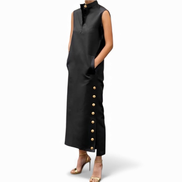 Elegant Black Sleeveless Dress with Gold Button Accents - Picture 5 of 5